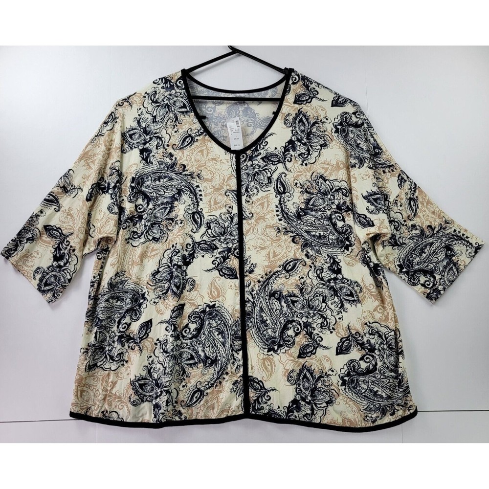 Avenue Blouse Women 26/28 Beige Black Paisley 3/4 Sleeve Black Trim Scoop Neck